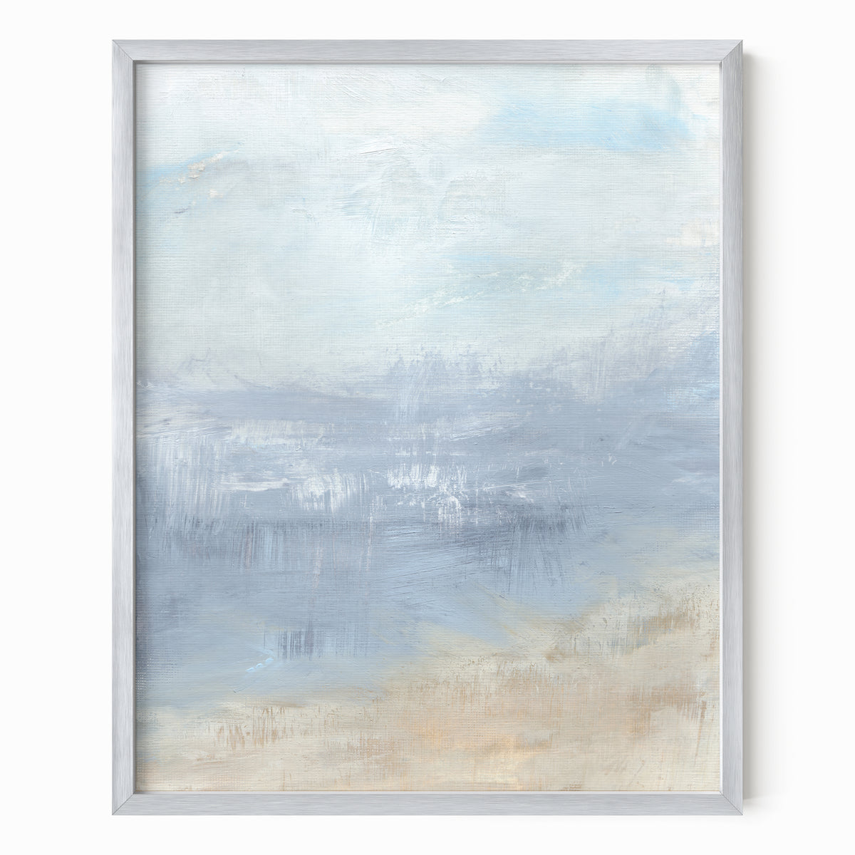 Vision is an abstract coastal landscape in pale gray, light blue, soft navy blue, sand beige, and white; framed in silver metal by NLS Design. Large neutral gallery wall art for living rooms, bedrooms, entryways, offices, bathrooms, and above sofas and beds. Modern coastal, coastal grandmother, quiet luxury, modern, minimalist, shabby chic, Nancy Meyers, Pottery Barn, Crate &amp; Barrel dupe. Artwork by NLS Design, nlsdesignllc.com. Real art by a real artist - NO AI. 