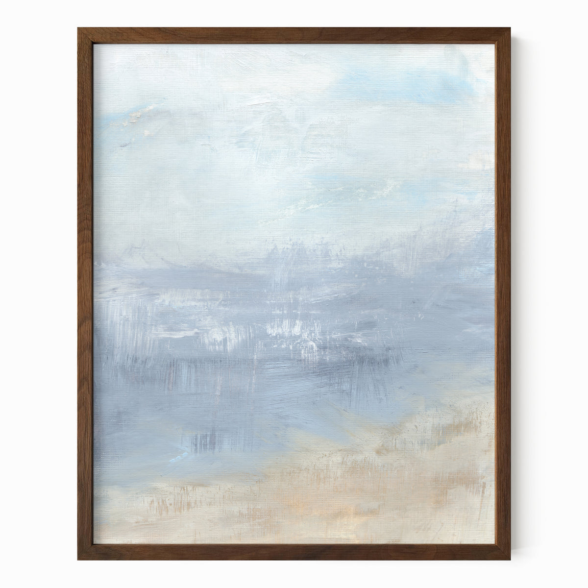 Vision is an abstract coastal landscape in pale gray, light blue, soft navy blue, sand beige, and white; framed in walnut oak by NLS Design. Large neutral gallery wall art for living rooms, bedrooms, entryways, offices, bathrooms, and above sofas and beds. Modern coastal, coastal grandmother, quiet luxury, modern, minimalist, shabby chic, Nancy Meyers, Pottery Barn, Crate &amp; Barrel dupe. Artwork by NLS Design, nlsdesignllc.com. Real art by a real artist - NO AI. 