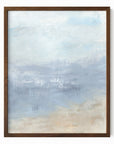Vision is an abstract coastal landscape in pale gray, light blue, soft navy blue, sand beige, and white; framed in walnut oak by NLS Design. Large neutral gallery wall art for living rooms, bedrooms, entryways, offices, bathrooms, and above sofas and beds. Modern coastal, coastal grandmother, quiet luxury, modern, minimalist, shabby chic, Nancy Meyers, Pottery Barn, Crate & Barrel dupe. Artwork by NLS Design, nlsdesignllc.com. Real art by a real artist - NO AI. 
