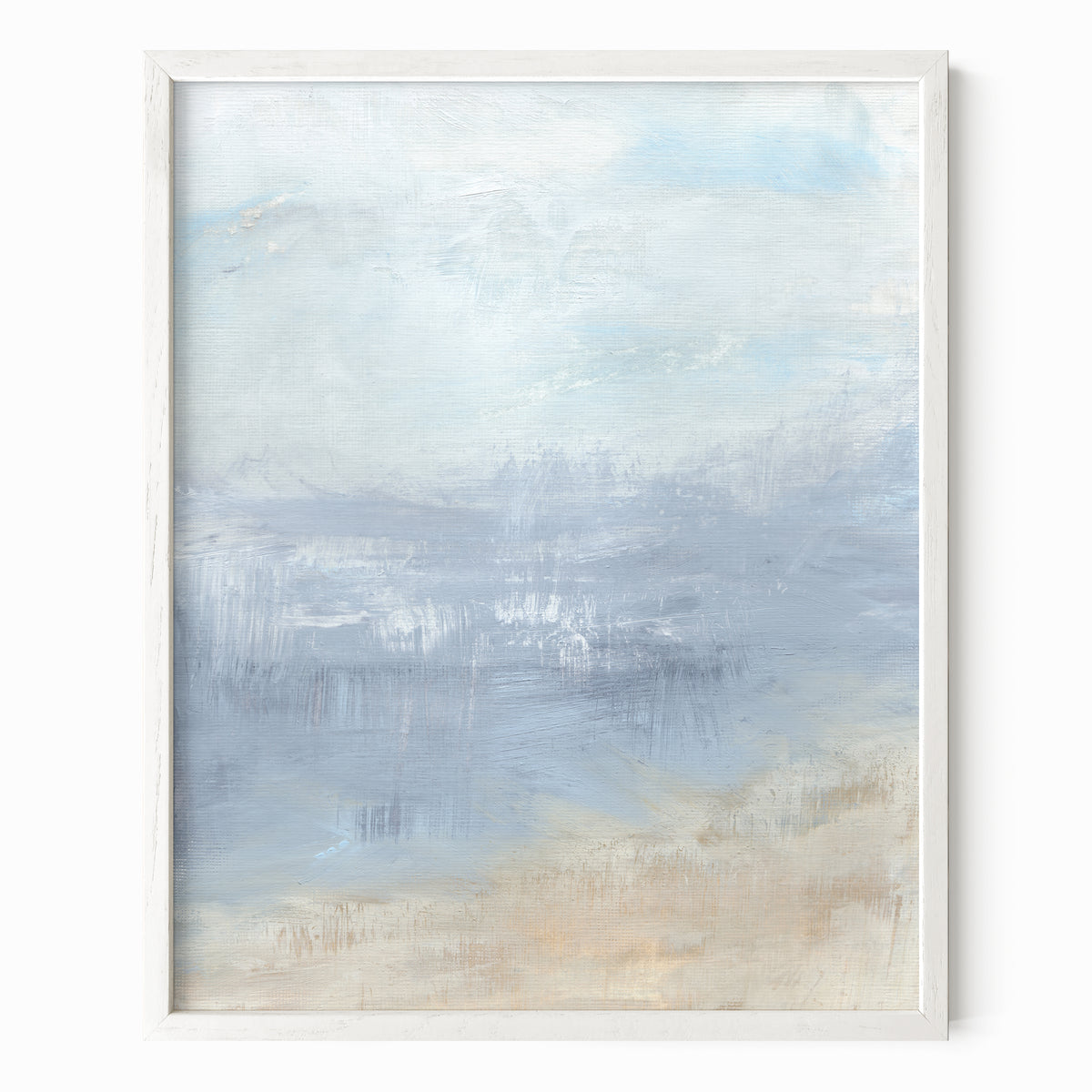 Vision is an abstract coastal landscape in pale gray, light blue, soft navy blue, sand beige, and white; framed in white oak by NLS Design. Large neutral gallery wall art for living rooms, bedrooms, entryways, offices, bathrooms, and above sofas and beds. Modern coastal, coastal grandmother, quiet luxury, modern, minimalist, shabby chic, Nancy Meyers, Pottery Barn, Crate &amp; Barrel dupe. Artwork by NLS Design, nlsdesignllc.com. Real art by a real artist - NO AI. 