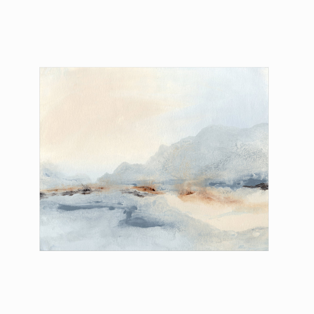 Waiting Sky is a soft neutral abstract landscape in pale gray, soft charcoal gray, warm creamy beige, cognac brown, deep brown, and white; unframed by NLS Design. Large neutral gallery wall art for living rooms, bedrooms, entryways, offices, bathrooms, and above the couch and above the bed. Horizontal Sizes: 8x10, 11x14, 16x20, 18x24, 24x36, 30x40, 40x60 inches. Modern coastal, quiet luxury, modern, minimalist, warm, muted. Artwork by NLS Design, nlsdesignllc.com. Real art by a real artist, NO AI