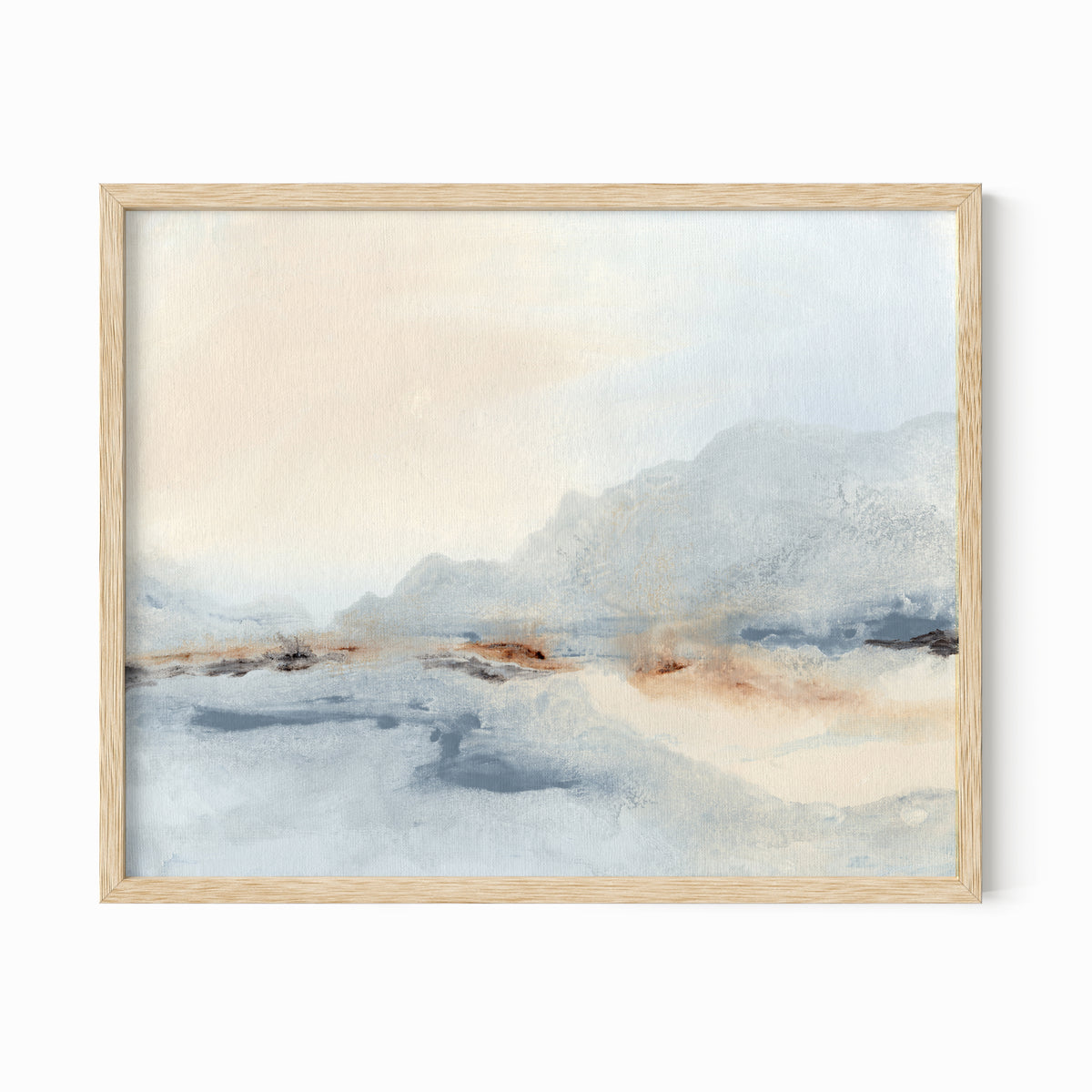 Waiting Sky is a soft neutral abstract landscape in pale gray, soft charcoal gray, warm creamy beige, cognac brown, deep brown, and white; natural oak frame by NLS Design. Large neutral gallery wall art for living rooms, bedrooms, entryways, offices, bathrooms, and above the couch and above the bed. Horizontal Sizes: 8x10, 11x14, 16x20, 18x24, 24x36, 30x40, 40x60 inches. Modern coastal, quiet luxury, modern, minimalist, warm, muted. Artwork by NLS Design, nlsdesignllc.com. Real art by a real artist, NO AI