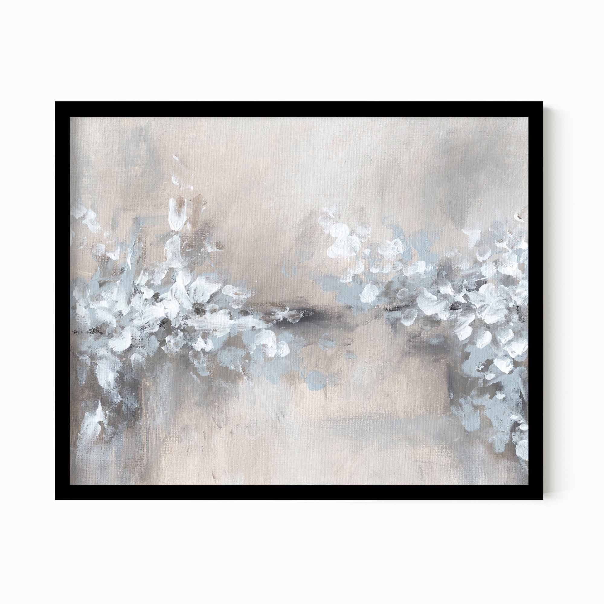 Whimsy - abstract floral botanical flowers plants leaves original painting fine are print in light gray, charcoal, brown, cream, taupe, beige and white; framed in black oak by NLS Design. Large neutral wall art for living rooms, bedrooms, entryways, offices, bathrooms, and above sofas and beds. nlsdesignllc.com