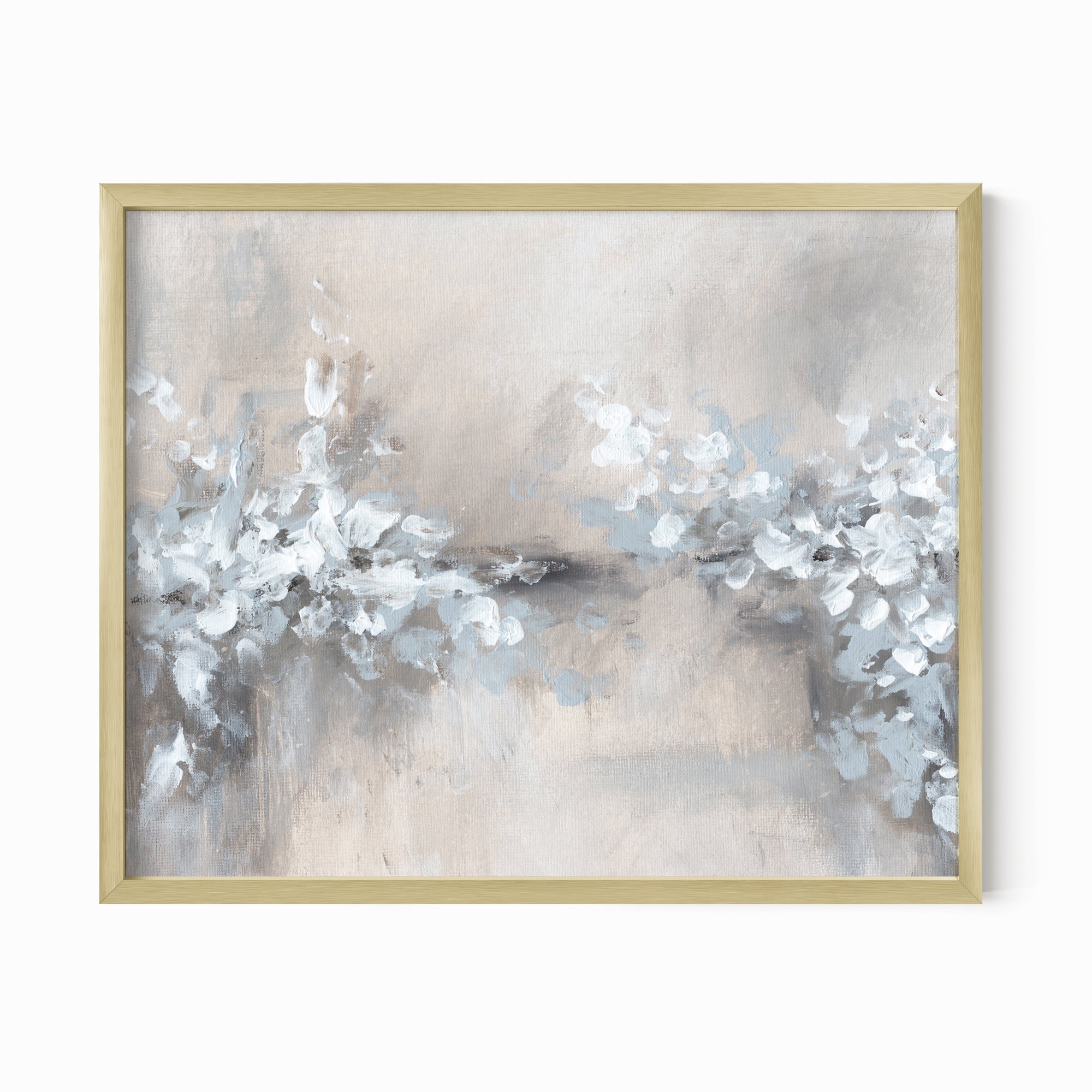 Whimsy - abstract floral botanical flowers plants leaves original painting fine are print in light gray, charcoal, brown, cream, taupe, beige and white; framed in gold metal by NLS Design. Large neutral wall art for living rooms, bedrooms, entryways, offices, bathrooms, and above sofas and beds. nlsdesignllc.com