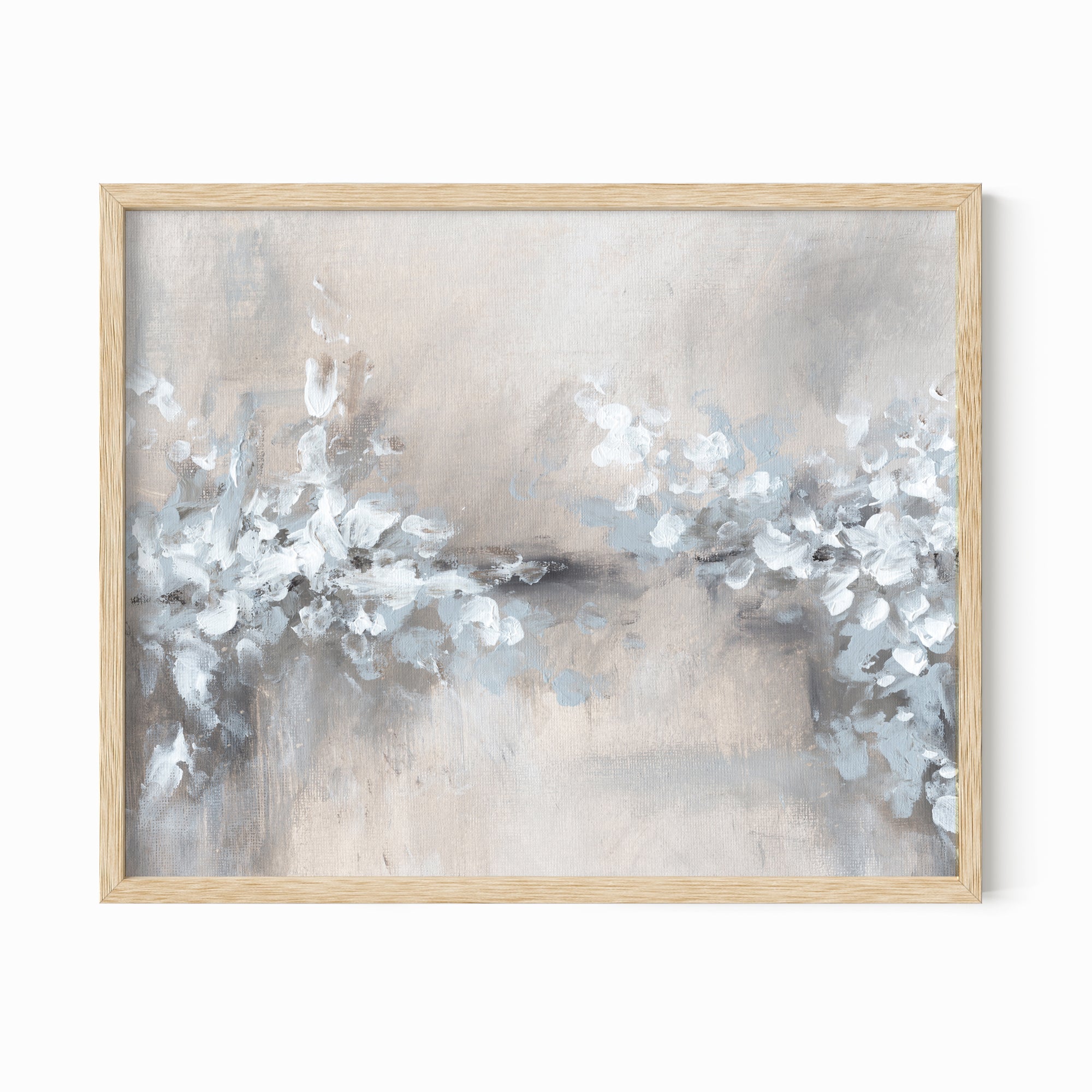 Whimsy - abstract floral botanical flowers plants leaves original painting fine are print in light gray, charcoal, brown, cream, taupe, beige and white; framed in natural oak by NLS Design. Large neutral wall art for living rooms, bedrooms, entryways, offices, bathrooms, and above sofas and beds. nlsdesignllc.com