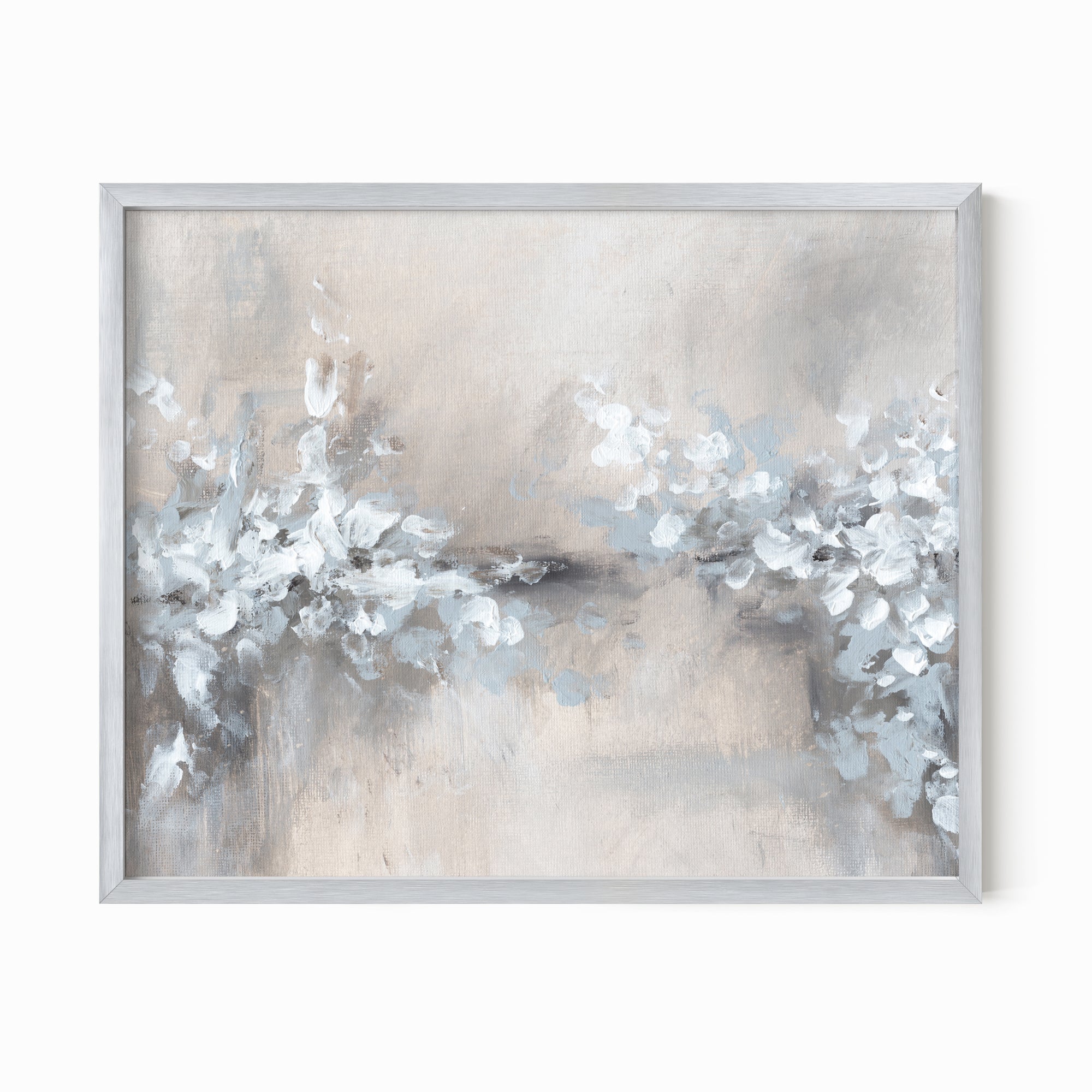 Whimsy - abstract floral botanical flowers plants leaves original painting fine are print in light gray, charcoal, brown, cream, taupe, beige and white; framed in silver metal by NLS Design. Large neutral wall art for living rooms, bedrooms, entryways, offices, bathrooms, and above sofas and beds. nlsdesignllc.com