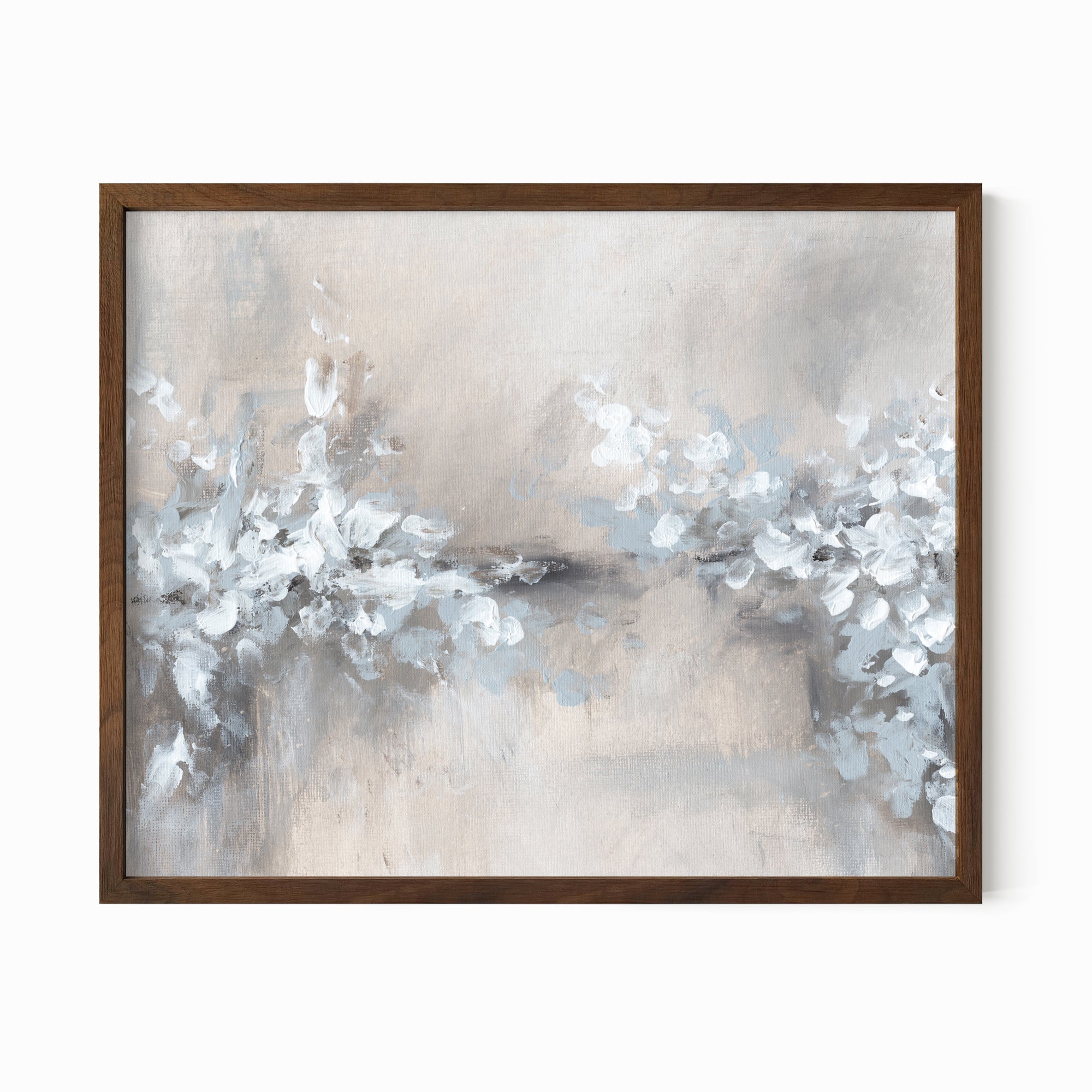 Whimsy - abstract floral botanical flowers plants leaves original painting fine are print in light gray, charcoal, brown, cream, taupe, beige and white; framed in walnut oak by NLS Design. Large neutral wall art for living rooms, bedrooms, entryways, offices, bathrooms, and above sofas and beds. nlsdesignllc.com