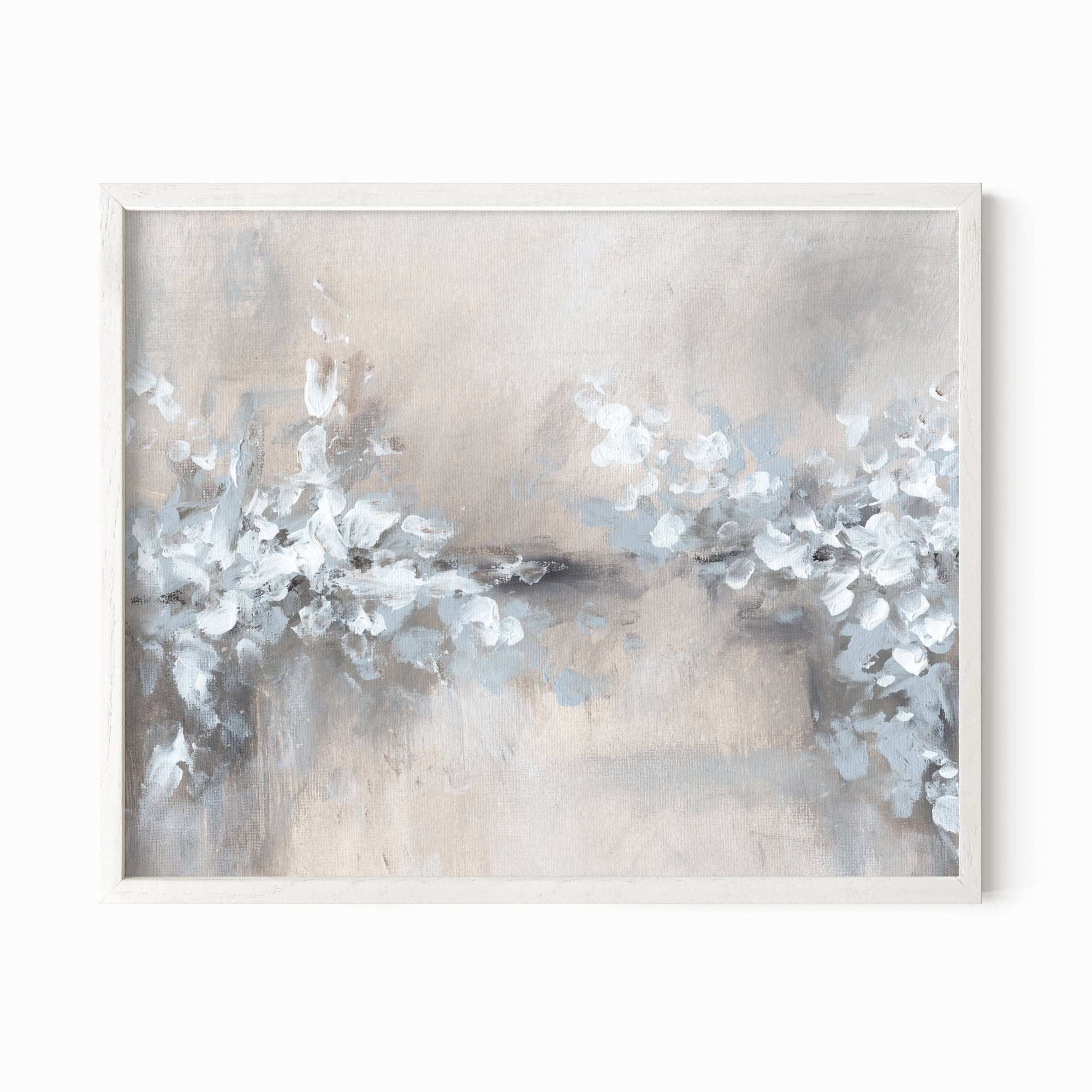 Whimsy - abstract floral botanical flowers plants leaves original painting fine are print in light gray, charcoal, brown, cream, taupe, beige and white; framed in whitel oak by NLS Design. Large neutral wall art for living rooms, bedrooms, entryways, offices, bathrooms, and above sofas and beds. nlsdesignllc.com