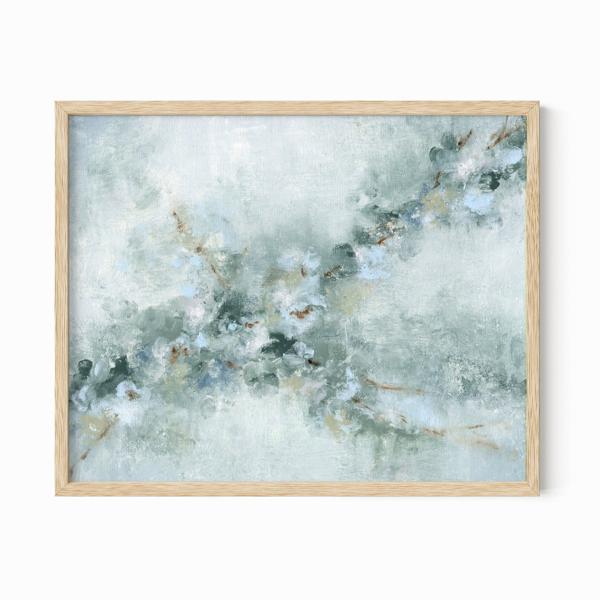 Whispering Branches is a soft abstract botanical floral painting in light blue, pale gray, blue green, beige, cream, sage green, soft jade green, muted gray blue, white, and cognac brown; framed in natural oak by NLS Design. Large neutral gallery wall art for living rooms, bedrooms, entryways, offices, bathrooms, and above the couch and above the bed. Horizontal Sizes: 8x10, 11x14, 16x20, 18x24, 24x36, 30x40, 40x60 inches. Artwork by NLS Design, nlsdesignllc.com. Real art by a real artist - NO AI