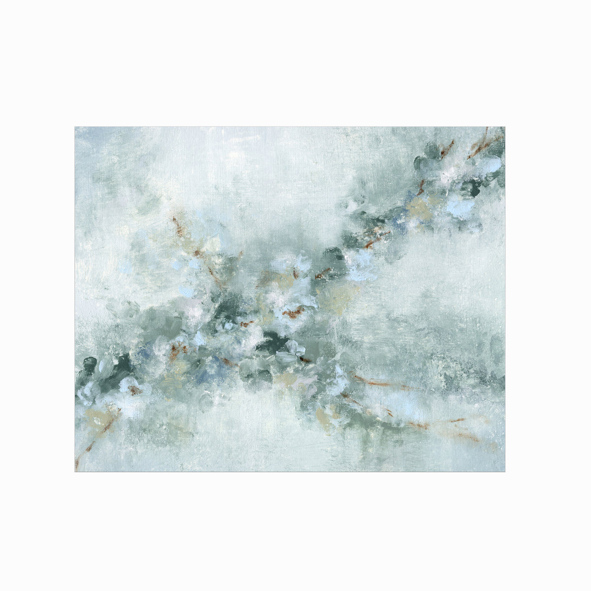 Whispering Branches is a soft abstract botanical floral painting in light blue, pale gray, blue green, beige, cream, sage green, soft jade green, muted gray blue, white, and cognac brown; unframed by NLS Design. Large neutral gallery wall art for living rooms, bedrooms, entryways, offices, bathrooms, and above the couch and above the bed. Horizontal Sizes: 8x10, 11x14, 16x20, 18x24, 24x36, 30x40, 40x60 inches. Artwork by NLS Design, nlsdesignllc.com. Real art by a real artist - NO AI