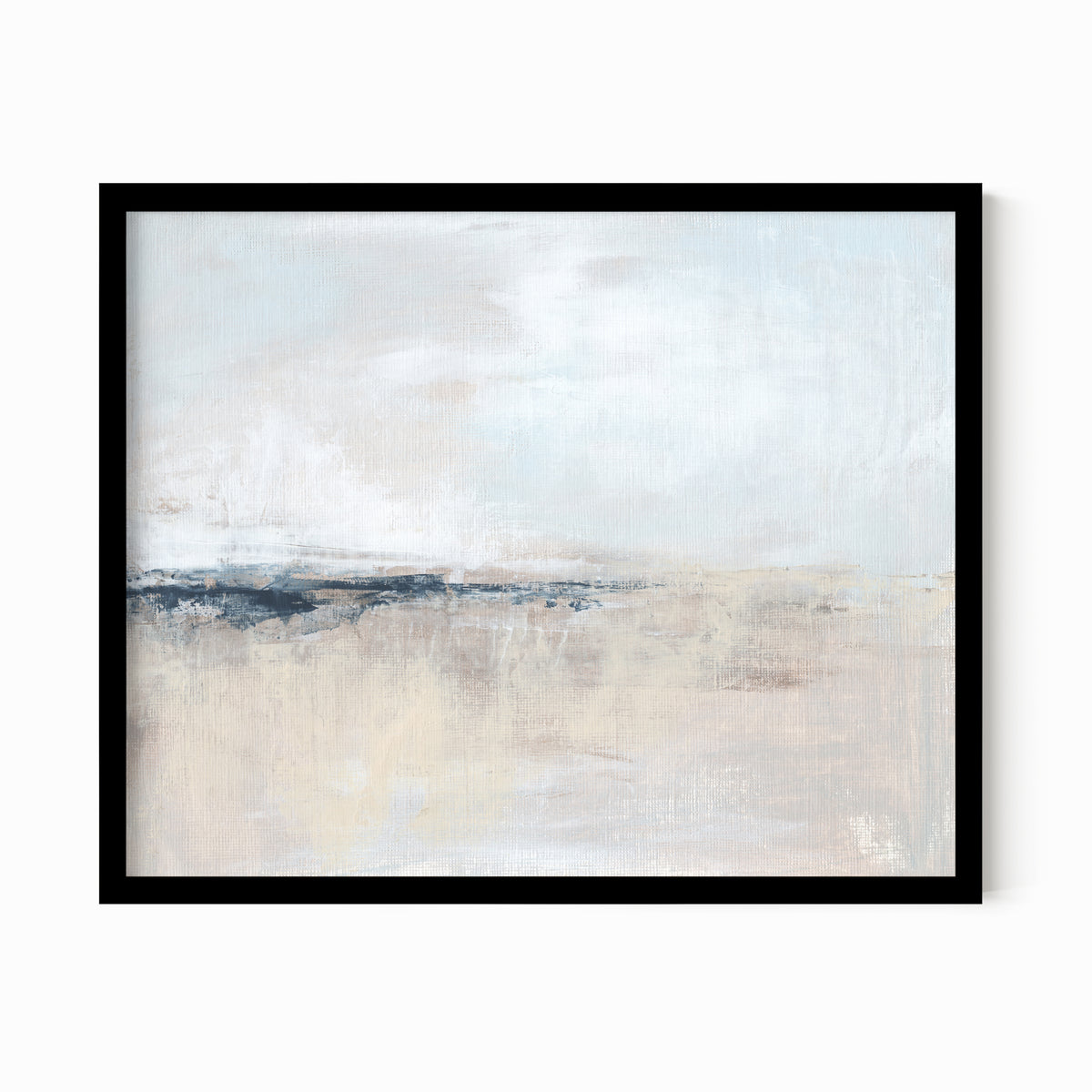 Wistful is a soft abstract landscape in pale blue, pale gray, warm beige, warm cream, ivory, taupe, pale slate gray, navy blue, and white; black oak frame by NLS Design. Large neutral gallery wall art for living rooms, bedrooms, entryways, offices, bathrooms, and above the couch and above the bed. Horizontal Sizes: 8x10, 11x14, 16x20, 18x24, 24x36, 30x40, 40x60 inches. Modern coastal, quiet luxury, modern, minimalist, contemporary. Artwork by NLS Design, nlsdesignllc.com. Real art by a real artist - NO AI