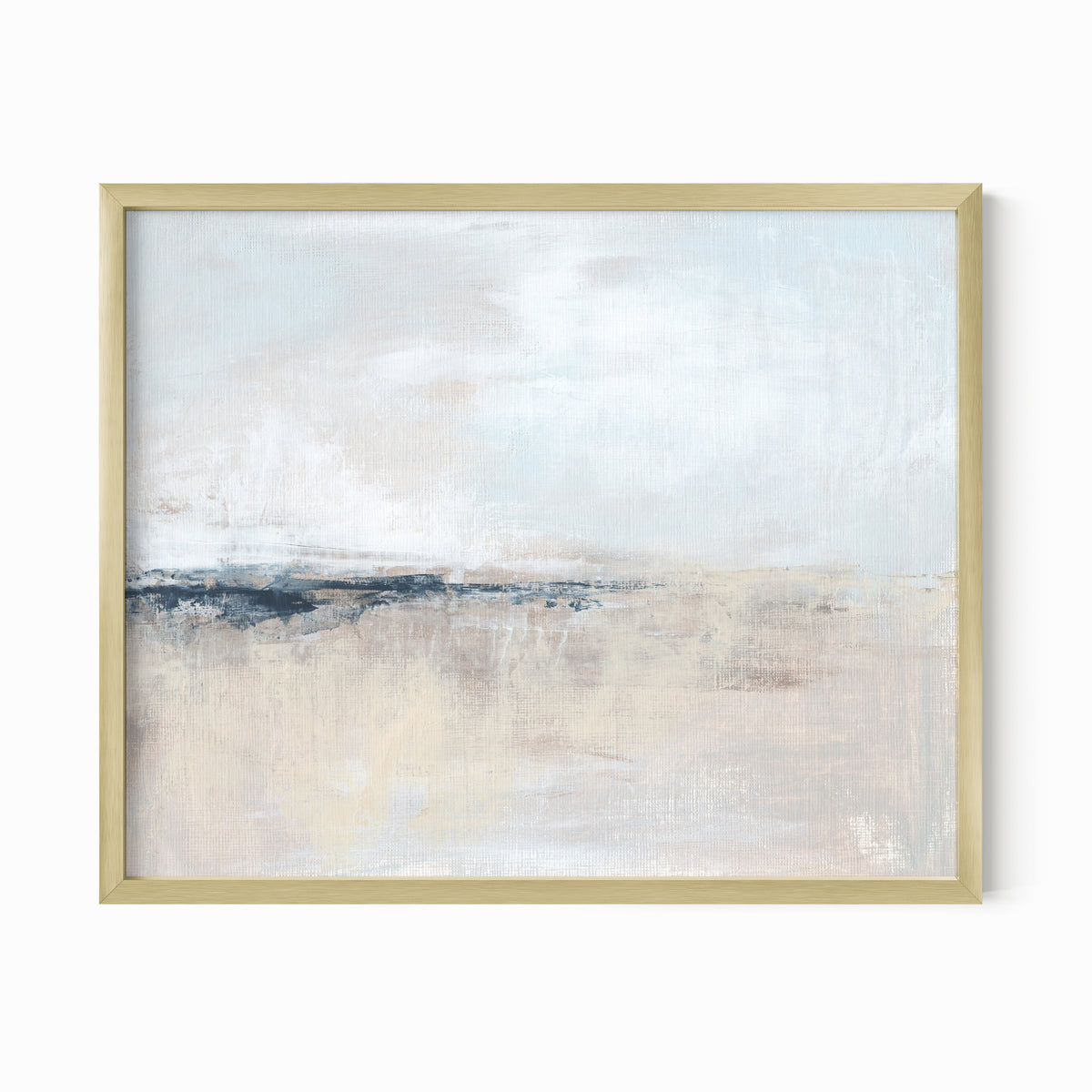 Wistful is a soft abstract landscape in pale blue, pale gray, warm beige, warm cream, ivory, taupe, pale slate gray, navy blue, and white; gold metal frame by NLS Design. Large neutral gallery wall art for living rooms, bedrooms, entryways, offices, bathrooms, and above the couch and above the bed. Horizontal Sizes: 8x10, 11x14, 16x20, 18x24, 24x36, 30x40, 40x60 inches. Modern coastal, quiet luxury, modern, minimalist, contemporary. Artwork by NLS Design, nlsdesignllc.com. Real art by a real artist - NO AI