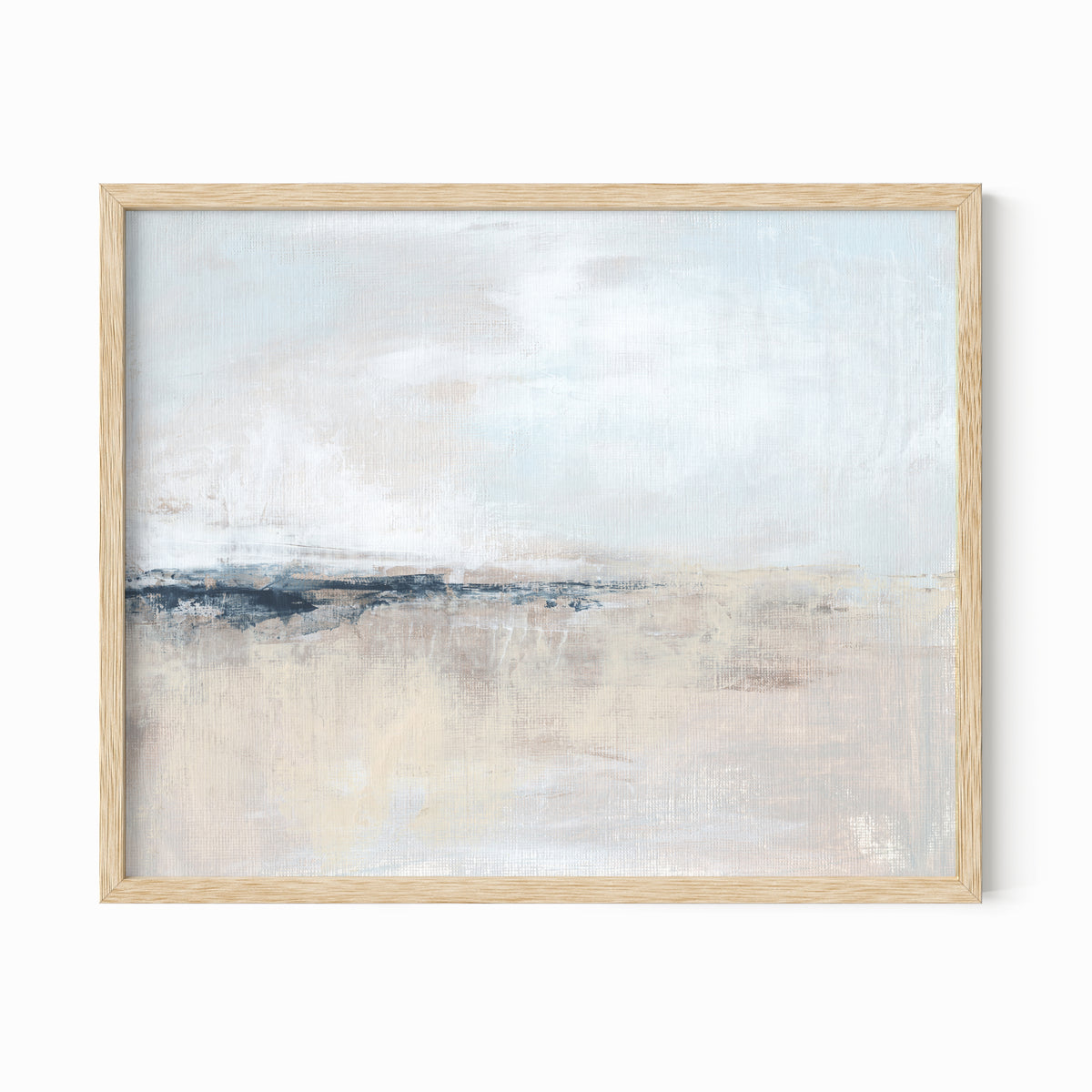 Wistful is a soft abstract landscape in pale blue, pale gray, warm beige, warm cream, ivory, taupe, pale slate gray, navy blue, and white; natural oak frame by NLS Design. Large neutral gallery wall art for living rooms, bedrooms, entryways, offices, bathrooms, and above the couch and above the bed. Horizontal Sizes: 8x10, 11x14, 16x20, 18x24, 24x36, 30x40, 40x60 inches. Modern coastal, quiet luxury, modern, minimalist, contemporary. Artwork by NLS Design, nlsdesignllc.com. Real art by a real artist - NO AI