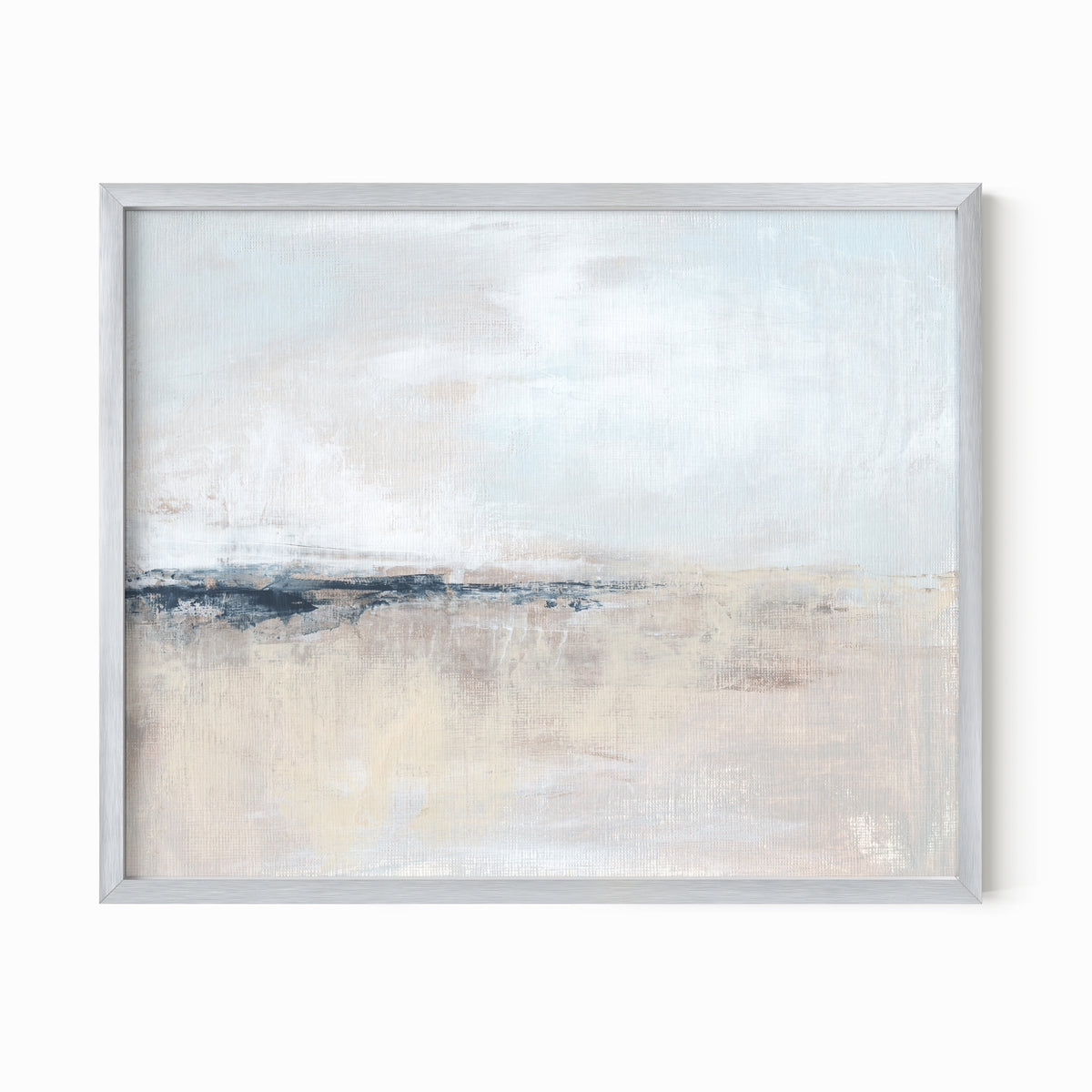 Wistful is a soft abstract landscape in pale blue, pale gray, warm beige, warm cream, ivory, taupe, pale slate gray, navy blue, and white; silver metal frame by NLS Design. Large neutral gallery wall art for living rooms, bedrooms, entryways, offices, bathrooms, and above the couch and above the bed. Horizontal Sizes: 8x10, 11x14, 16x20, 18x24, 24x36, 30x40, 40x60 inches. Modern coastal, quiet luxury, modern, minimalist, contemporary. Artwork by NLS Design, nlsdesignllc.com. Real art by a real artist, NO AI