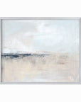 Wistful is a soft abstract landscape in pale blue, pale gray, warm beige, warm cream, ivory, taupe, pale slate gray, navy blue, and white; silver metal frame by NLS Design. Large neutral gallery wall art for living rooms, bedrooms, entryways, offices, bathrooms, and above the couch and above the bed. Horizontal Sizes: 8x10, 11x14, 16x20, 18x24, 24x36, 30x40, 40x60 inches. Modern coastal, quiet luxury, modern, minimalist, contemporary. Artwork by NLS Design, nlsdesignllc.com. Real art by a real artist, NO AI