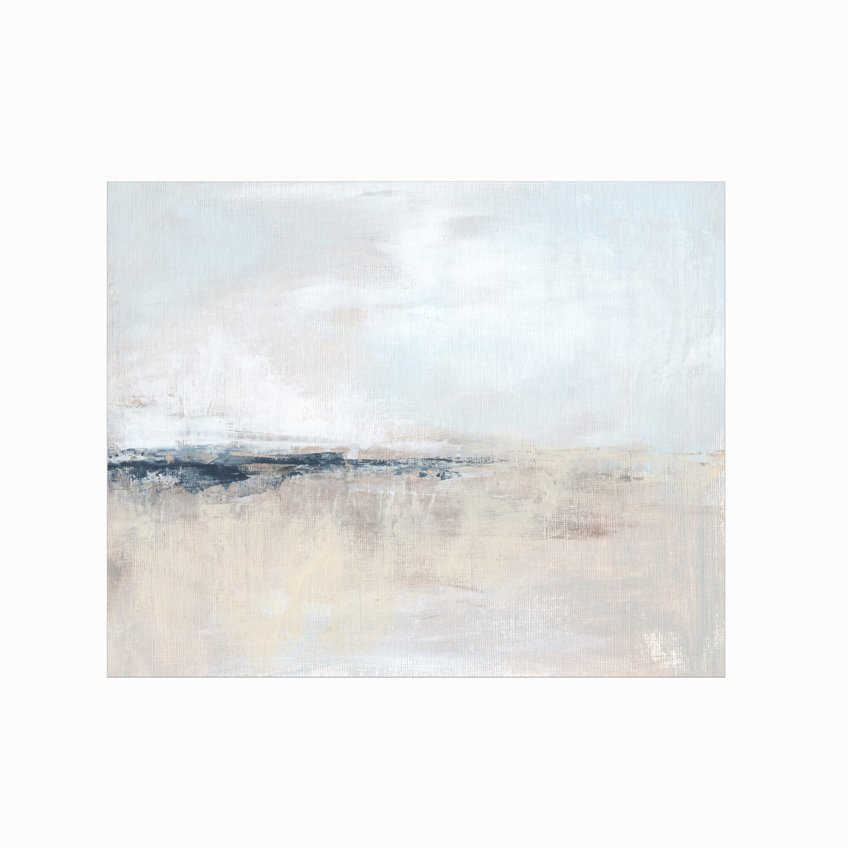 Wistful is a soft abstract landscape in pale blue, pale gray, warm beige, warm cream, ivory, taupe, pale slate gray, navy blue, and white; unframed by NLS Design. Large neutral gallery wall art for living rooms, bedrooms, entryways, offices, bathrooms, and above the couch and above the bed. Horizontal Sizes: 8x10, 11x14, 16x20, 18x24, 24x36, 30x40, 40x60 inches. Modern coastal, quiet luxury, modern, minimalist, muted contemporary. Artwork by NLS Design, nlsdesignllc.com. Real art by a real artist - NO AI