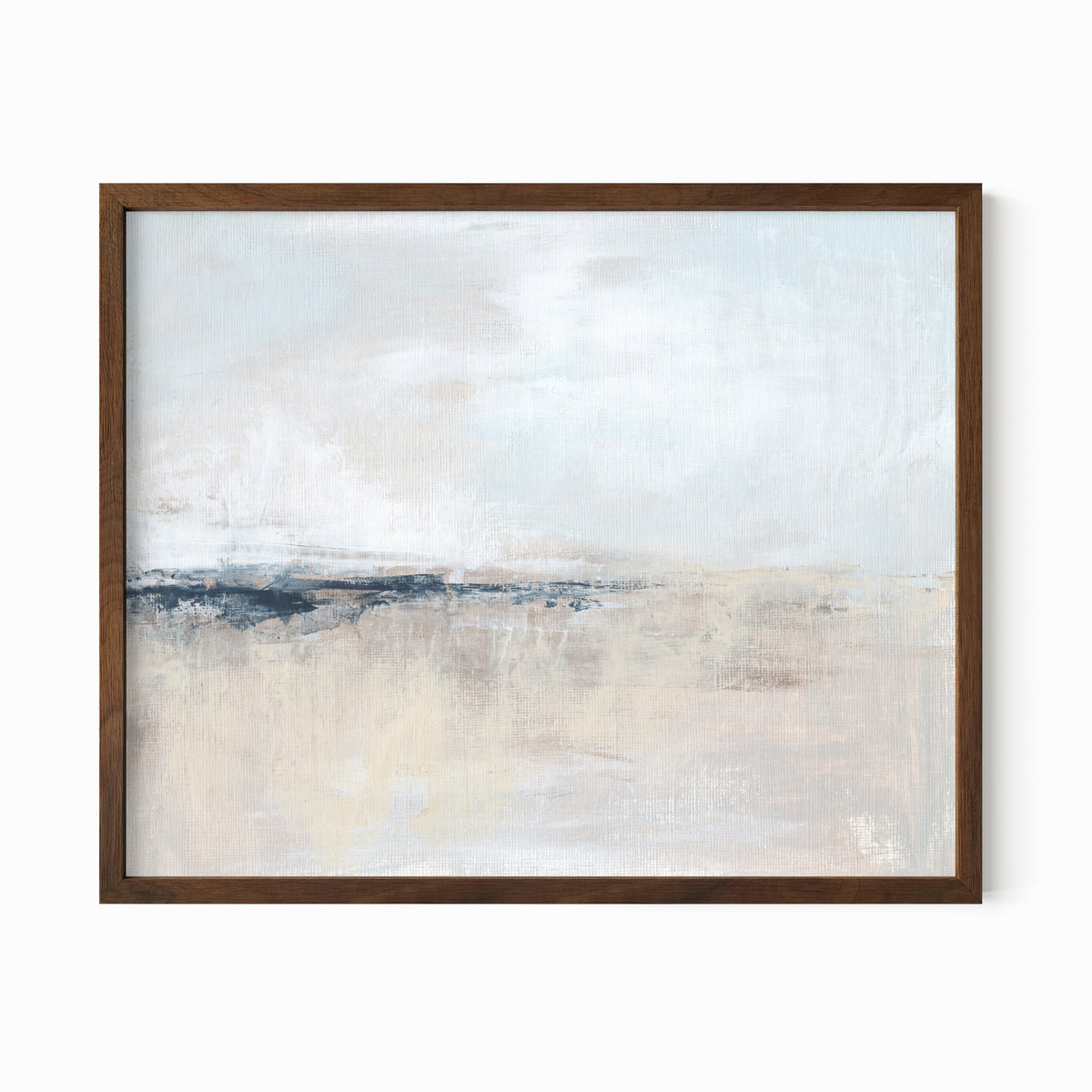 Wistful is a soft abstract landscape in pale blue, pale gray, warm beige, warm cream, ivory, taupe, pale slate gray, navy blue, and white; walnut oak frame by NLS Design. Large neutral gallery wall art for living rooms, bedrooms, entryways, offices, bathrooms, and above the couch and above the bed. Horizontal Sizes: 8x10, 11x14, 16x20, 18x24, 24x36, 30x40, 40x60 inches. Modern coastal, quiet luxury, modern, minimalist, contemporary. Artwork by NLS Design, nlsdesignllc.com. Real art by a real artist - NO AI