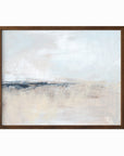 Wistful is a soft abstract landscape in pale blue, pale gray, warm beige, warm cream, ivory, taupe, pale slate gray, navy blue, and white; walnut oak frame by NLS Design. Large neutral gallery wall art for living rooms, bedrooms, entryways, offices, bathrooms, and above the couch and above the bed. Horizontal Sizes: 8x10, 11x14, 16x20, 18x24, 24x36, 30x40, 40x60 inches. Modern coastal, quiet luxury, modern, minimalist, contemporary. Artwork by NLS Design, nlsdesignllc.com. Real art by a real artist - NO AI
