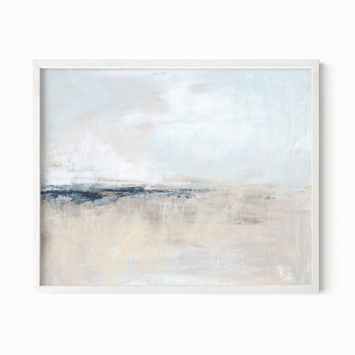 Wistful is a soft abstract landscape in pale blue, pale gray, warm beige, warm cream, ivory, taupe, pale slate gray, navy blue, and white; white oak frame by NLS Design. Large neutral gallery wall art for living rooms, bedrooms, entryways, offices, bathrooms, and above the couch and above the bed. Horizontal Sizes: 8x10, 11x14, 16x20, 18x24, 24x36, 30x40, 40x60 inches. Modern coastal, quiet luxury, modern, minimalist, contemporary. Artwork by NLS Design, nlsdesignllc.com. Real art by a real artist - NO AI